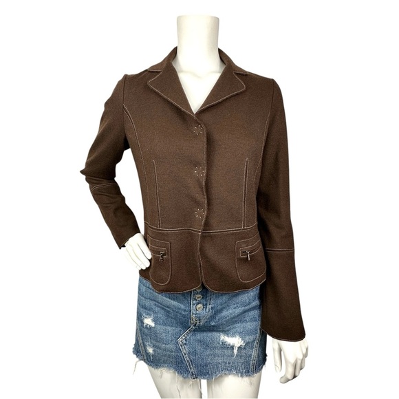 Chocolate Brown Wool Blazer Jacket M Floral Lining Power Dress Margaret O’Leary - Picture 2 of 14